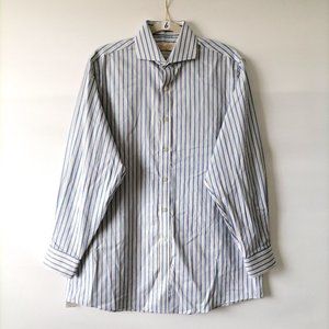 Michael Kors Mens Blue Long Sleeve Collared Striped Button Up Shirt Siz 16 32/33
